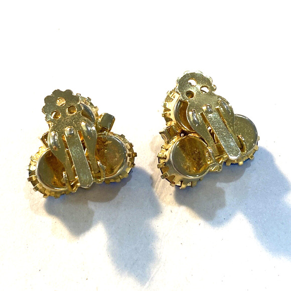 Vintage clip on earrings retro mid century blue & green rhinestones goldtone - Picture 5 of 6